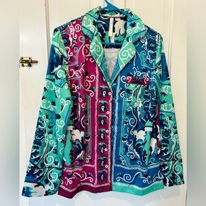 Anthropologie Teal, Navy & Aqua Baroque Print Top